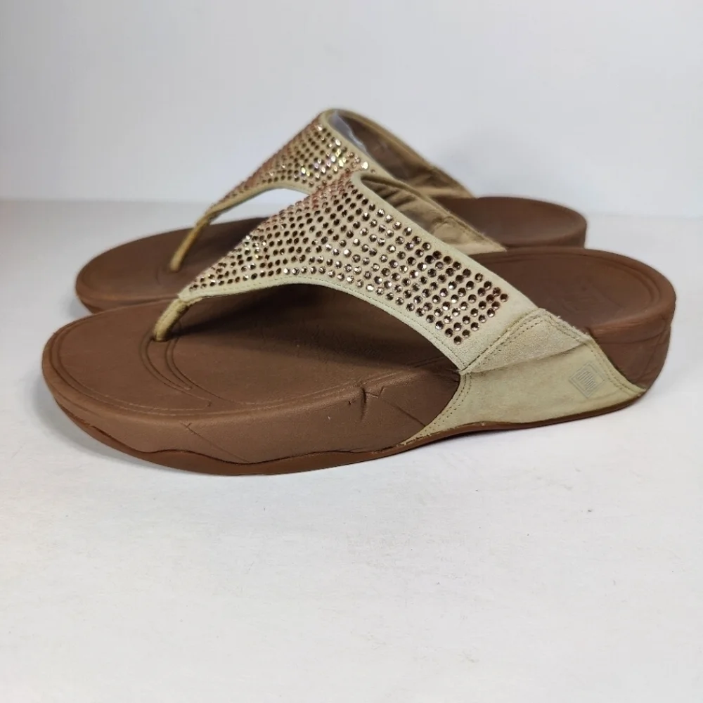 Fitflop Rokkit Rhinestone Studded Tan Thong Wedge Slip On Open Toe Flip Flops 7